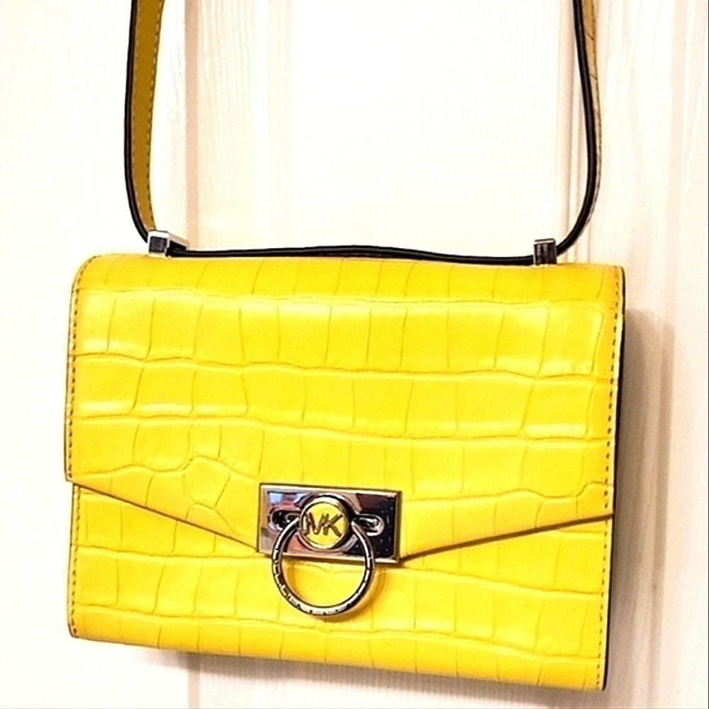 MICHAEL KORS HENDRIX SHOULDER FLAP BAG YELLOW CROC GENUINE LEATHER CROSSBODY - Picture 1 of 15